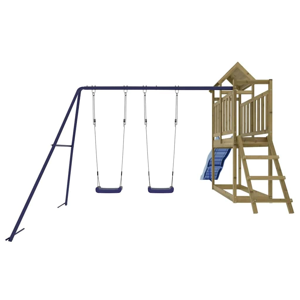 Torre da gioco in legno di pino impregnato in autoclave, con scivolo ondulato, piedistallo da 90 cm, scala, 2 altalene e sabbiera per giardino, parco giochi