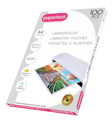 Paperlock - Pack de 100 Pochettes de plastification A4 80mic, finition brillante Transparent