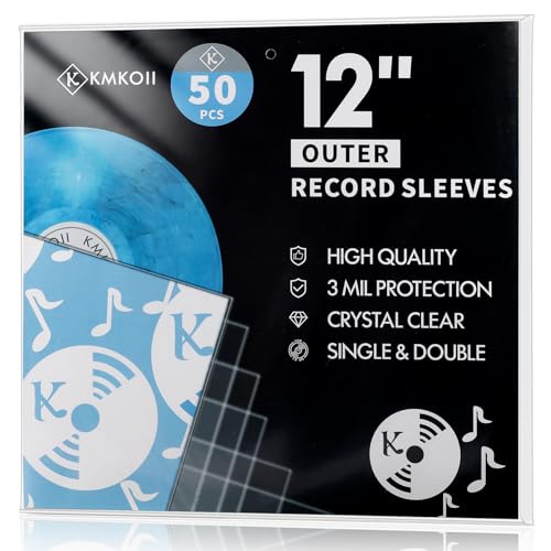 KMKOII 12 Zoll Schallplatten Hüllen Aussenhüllen - 50 Stück LP Schutzhüllen Vinyl Hüllen für Single & Doppel LPs (32.5 x 32.5 cm),Transparent Polypropylen Vinyl Schutzhüllen,12.75' x 12.75' Sleeve