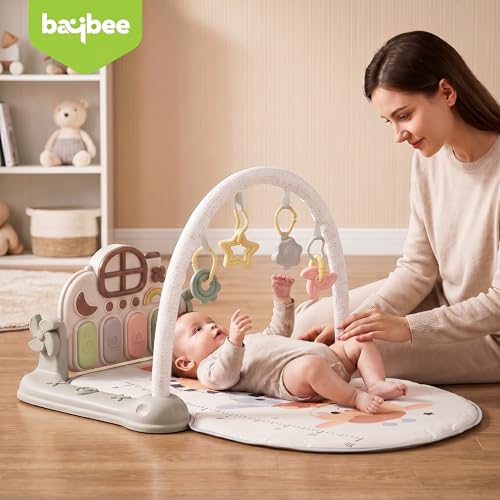 Image of Baybee 2 IN 1 Premium Play Gym for Babies I Baby Playing mat for Kids with Lights, Music & Hanging Toys I Portable Play Mat for New Born Baby with Growth Scale I Learning Baby Toys for 0 to 3 Year (Grey)