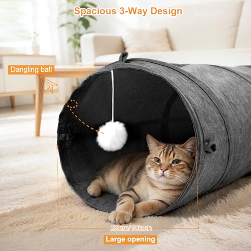 Image of Ownpets Cat Tunnel Large 3 Way Collapsible Cloth Pet Tunnel Tube with Plush Ball & Feather Toy, U-Shaped Cat Play Tunnel for Indoor Cat, Puppy, Kitty, Kitten, Rabbit(Gray)