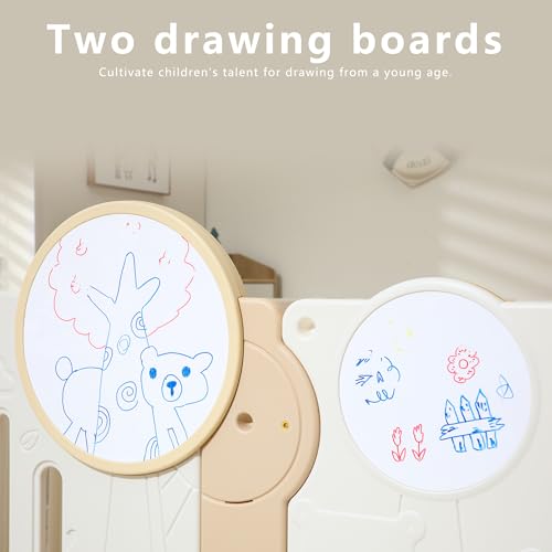 Image of Indoor Baby Playpen with Adjustable Game Panel, Drawing Board, Basketball Hoop, and Safety Door Shape, Portable and Stable Indoor Children's Playground（70.9 inch*47.2 inch）