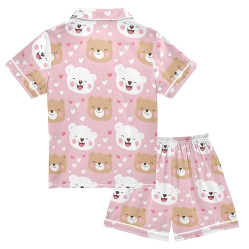 White Brown Bear Pajamas Sets Short Sleeve Silk Stain Pjs Button Down Sleepwear for 5-14Y2