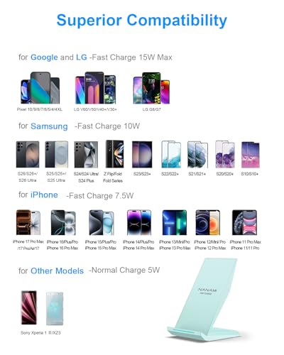 Image of NANAMI Wireless Charger - Fast Wireless Charging Stand Desktop Charger Dock for iPhone 17 /17 Air /16 /15 /14 /13 /12, 10W Phone Charging Stand for Samsung Galaxy S26 /S25 /S24 /S23 /S22 /S21 /S20 /10 /9