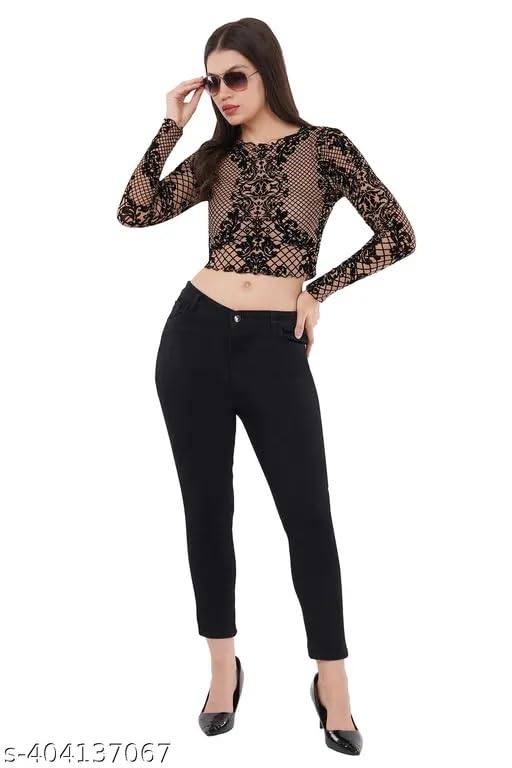 Image of ICW Women Long-Sleeves Round Neck Net Printed Transparent Mesh Sheer Crop Top T-Shirt DN38(Mix Print)
