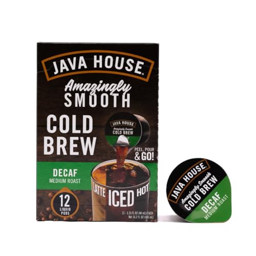 JAVA HOUSE Decaf Medium Roast Cold Brew Capsules, 1.35 Fluid Ounces (12 Count) Peel and Pour, TSA Approved, Travel Friendly Cold Brew, Hot or Iced, Instant Coffee Concentrate
