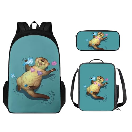 Set zaino per bambini 3 pezzi leggero con borsa per il pranzo e astuccio coordinati Lontra carina - Blu e Marrone Taglia unica Zaino per STU-CZA76GK-1-10