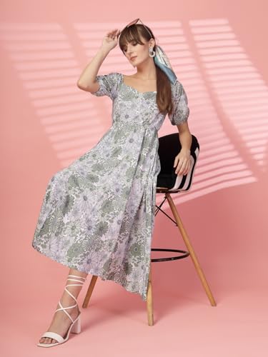 Image of OOMPH! Below Knee Shift Pink Dress in Crepe Fabric with Round Neck and Puff Sleeves - md619l