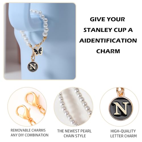 Image of Letter Charm for Stanley Cup,Pearl Chain Accessories Stanley Cup Initial Charms for Handle Stuff Decor Water Bottle Jewelry Tumbler Cute Personalized Name ID Decorations Black Tag (N)