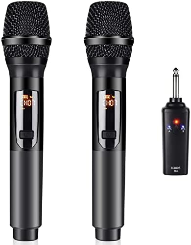 Wireless Microphone, Kithouse K380S Dual Cordless Metal Dynamic Mic System with Rechargeable Receiver, for Karaoke Singing, Wedding, Party, Speech, Church, Meeting Black