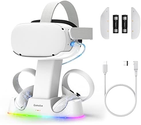 Gamulus 2 in 1 RGB Charging Dock & Stand Base for Meta Quest 2, VR Headset & Controllers Magnetic Fast Charger Docking Station, 2200mAh Rechargeable Batteries, 7 Lighting & Fantastic Gaming Atmosphere