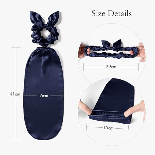 Image of LILYSILK 2-in-1 Silk Hair Ties with Silk Scrunchies for Long and Curly Hair, 100% Silk Bonnet for Sleeping & Daily Usage, Elastic Adjustable for Women Ladies and Girls Navy Blue