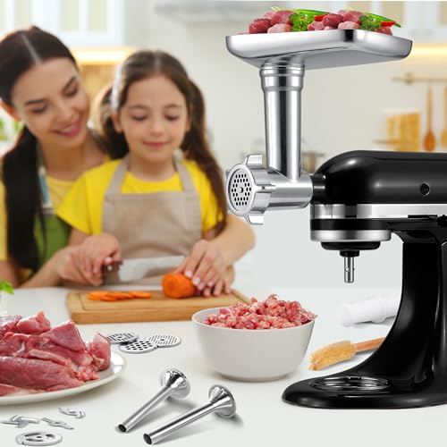 Metal Grinder Attachment for KitchenAid Stand Mixers, Meat Grinder Attachment, Sausage Stuffer, Food Grinder Attachment, Mixer Attachments for KitchenAid, Silver(Mixer Not Included)
