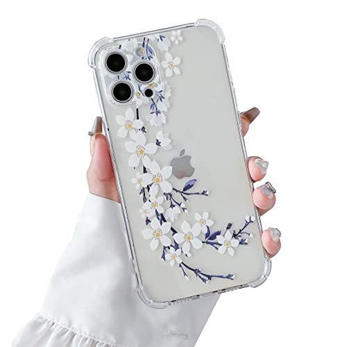 DEFBSC Soft Case Compatible with iPhone 12 Pro Max, Clear Floral Flower Pattern Print Design Flexible TPU Shockproof Cover for Women Girls,Flower Protective Phone Case, White Pear Blossom