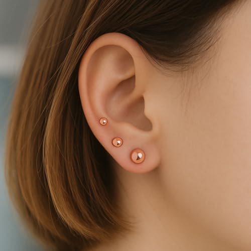 14K Gold Ball Stud Earrings – 3 Pairs in 3mm, 4mm, 5mm Sizes – Available in Style Colors for Women & Men3