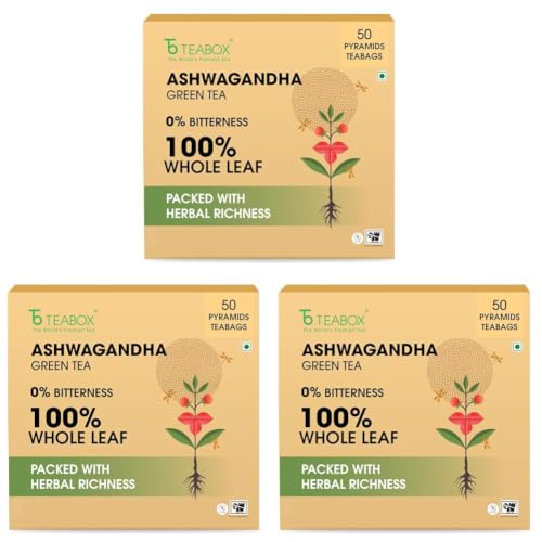 Image of Teabox Ashwagandha Green Tea 50 Teabags | Ayurvedic Blend of Premium Green Tea and Natural Ashwagandha | Silken Pyramid Teabags (Pack of 3)