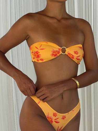 Alyweatry Women Floral Bandeau Bikini Set O Ring Strapless Tie Back Bikini Top High Cut Cheeky Thong Bathing Suit2