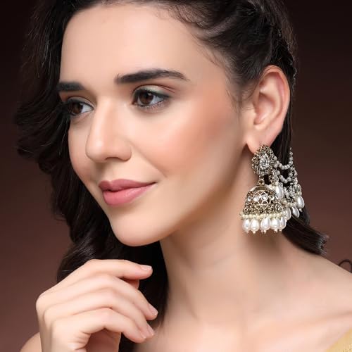 Image of Zeneme Traditional Gold Plated White Kundan Pearl Beaded Jhumkas With Multi Layered Ear Chain Earrings for Women & Girls