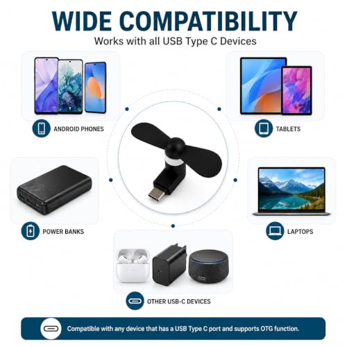 Image of USB Type-C Mini Fan Pack of 6 (OTG Required) | Portable USB-C Cooling Fan for Android Smartphones | Flexible Plug & Play Personal Fan | Compact Pocket Travel Gadget | Black