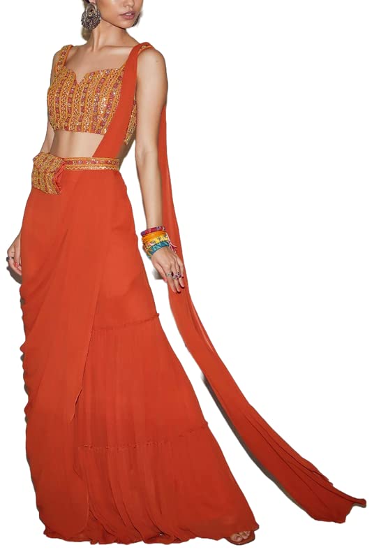 Women’s frill ruffle ready to wear saree for wedding mehandi party diwali haldi reception navratra gift.(OKELS4355) Women’s frill ruffle ready to wear saree for wedding mehandi party diwali haldi reception navratra gift.(OKELS4355)