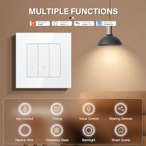 BSEED Dimmer Smart Lichtschalter Glas WIFI Wandlichtschalter (Neutrale Leitung Erforderlich) kompatibel mit Alexa/Google Home 1 Fach 1 Weg Weiß