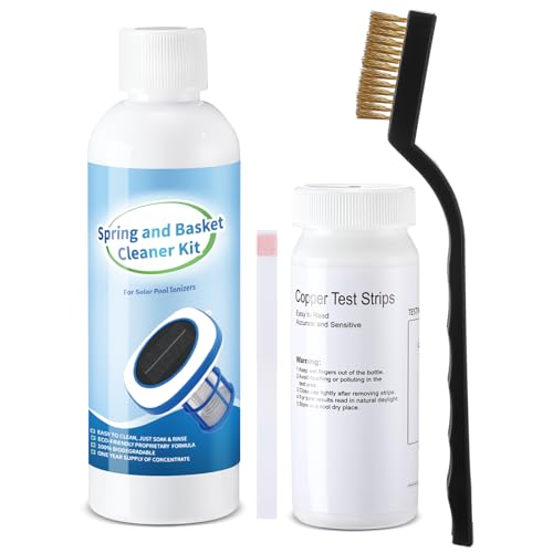 Mysora Kit de limpeza de ânodo de cobre ionizador de piscina de 3 peças inclui removedor de manchas de cobre, escova de metal e tira de teste para limpeza de ionizador de piscina solar de verão