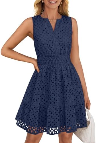 ZESICA Women's Summer Sleeveless Mini Dress V Neck Hollow Out Eyelet Flowy A Line Beach Vacation Party Short Dresses