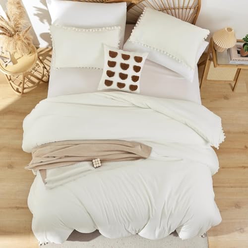 YIRDDEO King Size Comforter Set in Ivory, 3pcs Boho Ball Pom Lightweight Bed Comforter, Soft Solid Color Bedding Comforter Sets for All Seasons (Ivory, King, 104"x90")