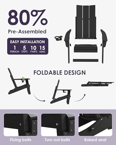 Folding-Adirondack-Chairs-All-Weather-Resistant-HDPE-Patio-Firepit-Chairs-Sturdy-Outside-Chairs-with-Cup-Holder-Pre-Installed-Lawn-Chairs-Load-Capacity-385lb-for-Backyard-Black Folding Adirondack Chairs All Weather Resistant HDPE Patio Firepit Chairs Sturdy Outside Chairs with Cup Holder Pre Installed Lawn Chairs Load Capacity 385lb for Backyard Black