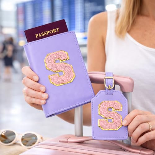 Image of Passport Cover & Bag Tag Combo | Personalized Initial Alphabet Custom A-Z Name Initial | Fits Standard Passports | Travel GiftIdeal Travel Gift for Women, Girls & Couples (Purple)