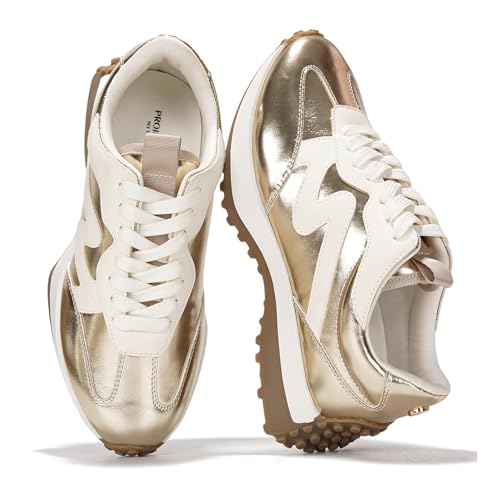 Project Cloud Trendy Sneakers for Women - Memory Foam and Non-Slip Comfortable Casual Ladies Shoes for Womens Fashion Sneakers - Lightweight Lace-up Shoes (LECCO, Gold, 10)