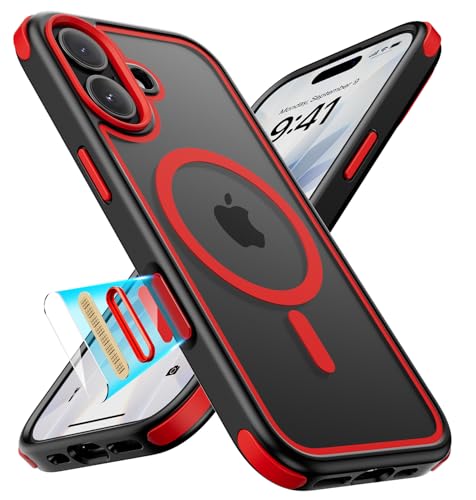 MobNano Coque pour iPhone 17, Compatible avec MagSafe Magnétique, Hybrid Coque pour iPhone 17 avec Color, Protection Antichoc Militaire, Housse Anti Rayures - Noir/Rouge