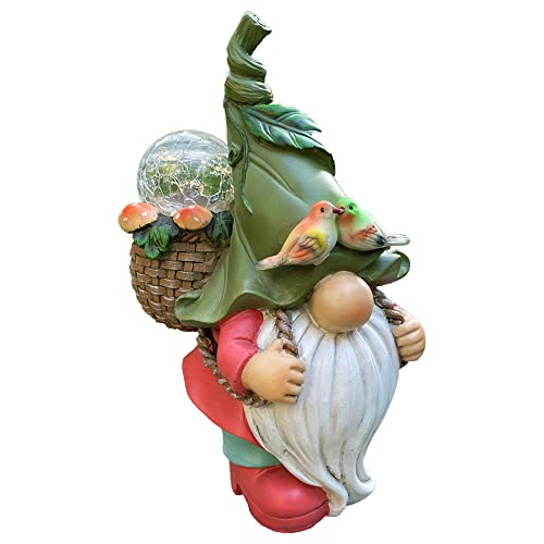 RAYWER Solar Powered Gnome with Green Hat, 2 Birds and Glass Ball, Solar Light, Garden Decorations Statues, Light Decor, Lawn Ornaments, Resin Garden Figurines (Gnome with Green Hat and 2 Birds)