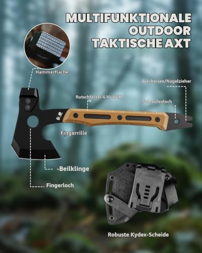 HX OUTDOORS Multifunktionale Axt, Volltang Überleben Camping Taktische Axt Beil, Titanbeschichtete Klinge G10 Griff Camp Bushcraft Handbeil… – Ansicht 5