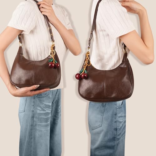 Retro Hobo Bag with Cherry Charm Genuine Leather Shoulder Crossbody Handheld Purse for Women Daily and Travel Use2