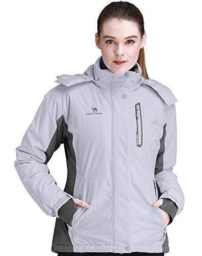 CAMEL CROWN Damen Mountain Snow Wasserdichte Skijacke Abnehmbare Kapuze Winddicht Fleece Parka Regenjacke Wintermantel, Grau, XXL