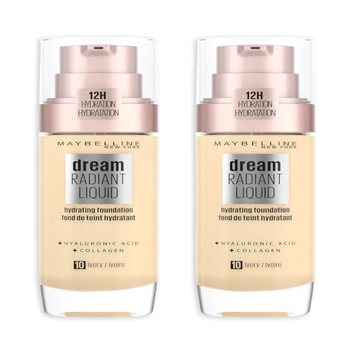 Image of Maybelline DOUBLE Foundation, Dream Radiant Liquid Foundation, Up to 12 Hour Hydration, Hydrating with Hyaluronic Acid, Lightweight, Medium Coverage, Shade: 10 Ivory