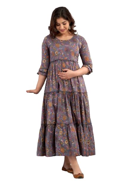 Women Floral Printed Maternity & Feeding Dress | Grey Flower Print Nursing Gown with Feeding Zip | Round Neck Comfortable Pregnancy Dress | Maternity Maxi Dress for Women-picture-40