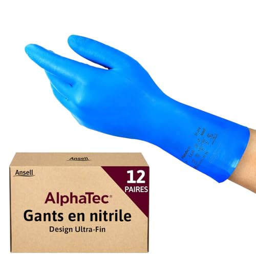 Ansell AlphaTec 37-310, Gants en nitrile Multi-usages, Gants de travail réutilisables, Gants de protection sans latex, Protection chimique, Cuisine et nettoyage, Gants nitrile XL bleu, 12 paires