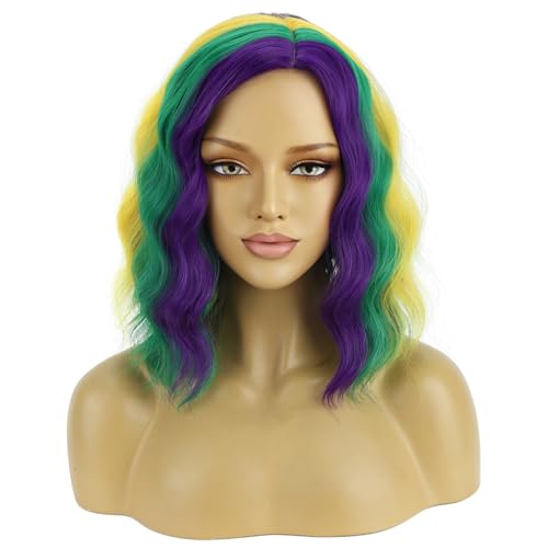Image of BERON Mardi Gras Wigs for Womens Girls MardiGras Costume Cosplay Purple Green and Yellow Colored Side Part Wigs Shoulder Length Mardi Gras Cosplay Party Wig