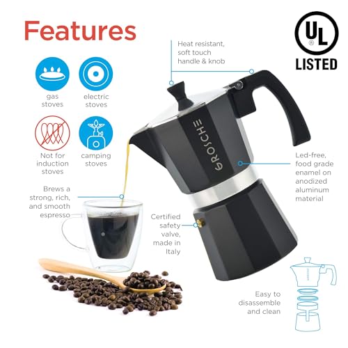 Image of GROSCHE Milano Stovetop Espresso Maker Moka Pot Cuban Coffee Maker Stovetop Coffee Maker Moka Italian Espresso Greca Coffee Maker Brewer Percolator | 6 Espresso Cup, Black