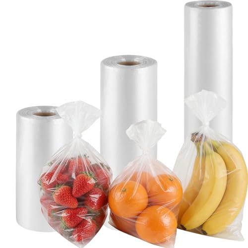 Image of 3 Rolls 3 Sizes Plastic Produce Bags, Clear Plastic Produce Bag Roll for Bread, Fruits, Vegetable, Kitchen, 970 Count Total
