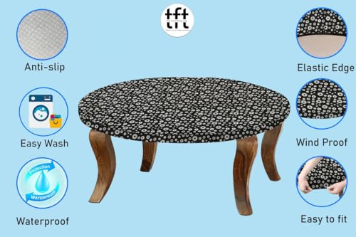Image of The Furnishing Tree Round Elastic Fitted Center Tpoy Table Cover WxL 24x24 Inches Floral Pattern White