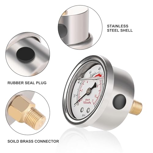 Hromee Black-Red Adjustable Universal Aluminum Fuel Pressure Regulator Kit with Bypass Return 0-160psi 1.5 inch liquid filled pressure gauge, 4Pcs Hose Adapter Fitting