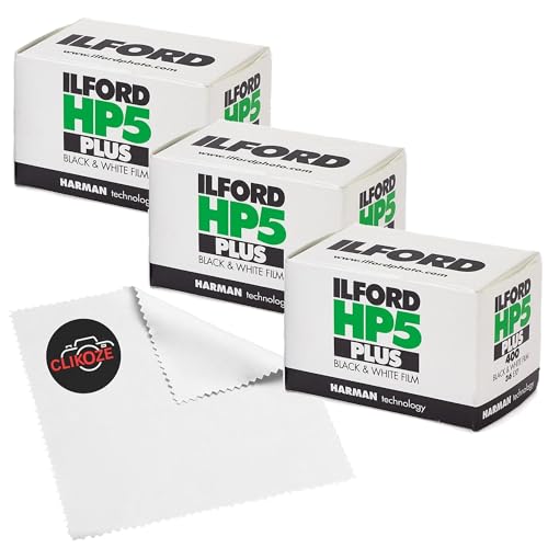 Ilford HP5 Plus Black & White 35mm Film Triple Pack (3 x 36 Exposures) ISO 400 Negative Film + Clikoze Microfiber Lens Cloth