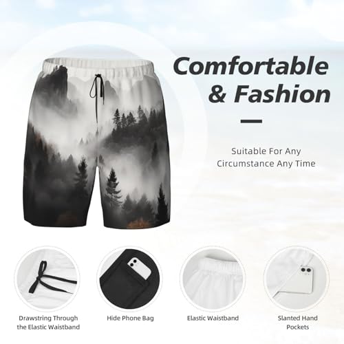 Men's Swim Trunks Quick Dry Board Shorts Foggy Mountains Forest Beach Shorts with Pocket Bathing Suits for Men4