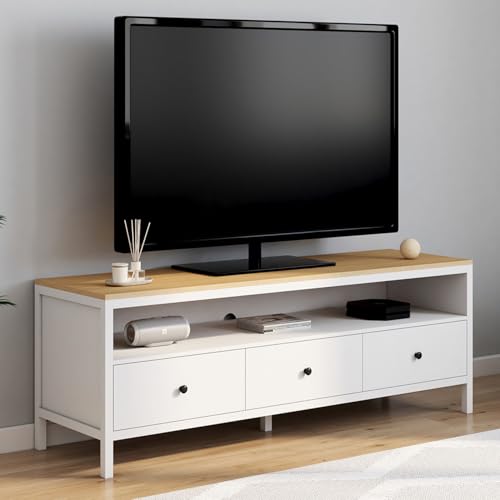 Meuble TV 140 cm ACHILLE 3 tiroirs et plateau bois - vue 2