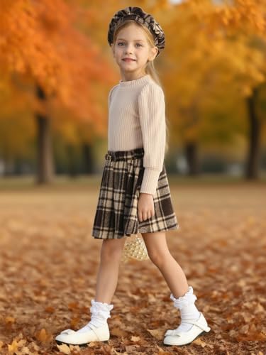 Image of Toddler Girl Outfits Puff Sleeve Ribbed Shirt Knitted Tops Pleated Plaid Skirt Set with Hat 3Pcs Fall Winter Clothes