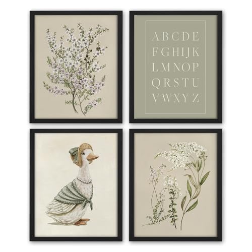 Image of NaZaUK Vintage Goose Nursery Decor, Sage Green Decor for Baby Girl Room, Floral Picture Children Artwork for Farmhouse Bedroom, Nursery Wall Art Set of 4, 8x10 Inch (Unframed)