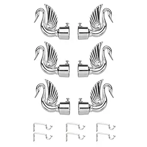 Rkoing Decorative Peacock Shaped Stainless Steel Curtain Bracket with Support 1 Inch Rod Pocket Finials Designer Window Rod Support Fittings, Curtain Rod Holder (Pack of 6, Silver)